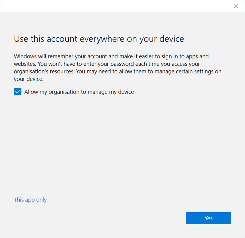מסך התחברות לחשבון Microsoft עם בחירה בין שימוש באפליקציה זו בלבד לבין שימוש בחשבון בכל המחשב