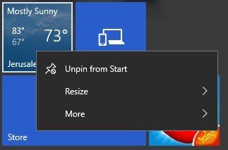 תפריט אפשרויות לאפליקציה בתפריט ההתחלה של Windows