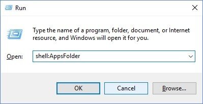 הפקודה shell:AppsFolder בחלון הפעלה של Windows