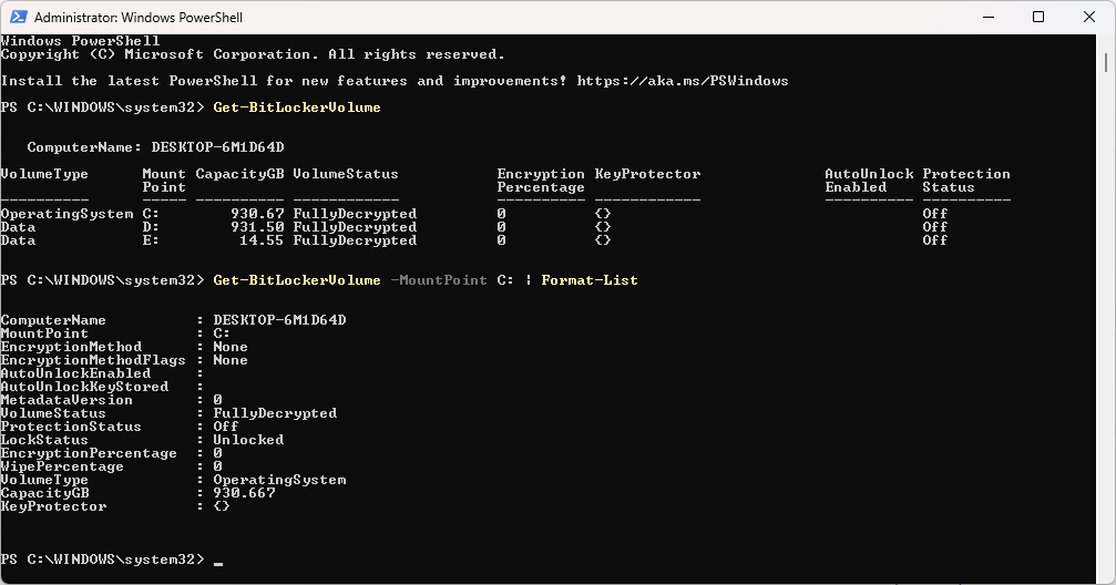 בדיקת מצב BitLocker דרך PowerShell ב-Windows