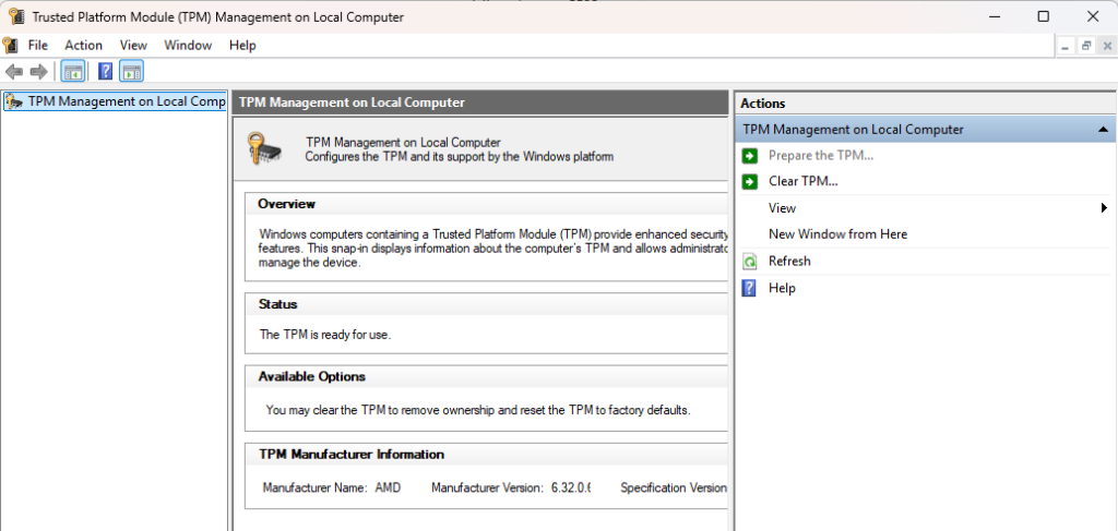 צילום מסך של חלון TPM ב-Windows המציג שה-TPM פעיל ומוכן לשימוש עבור Windows 11