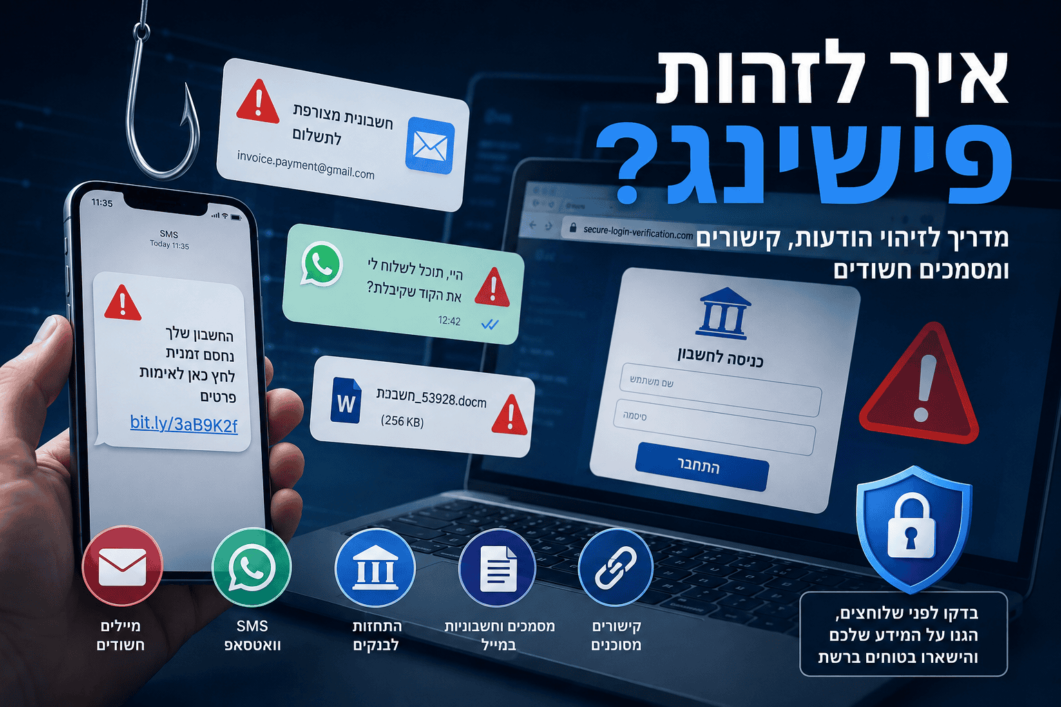 Read more about the article איך לזהות פישינג? מדריך לזיהוי הודעות SMS, וואטסאפ, מיילים וקישורים חשודים