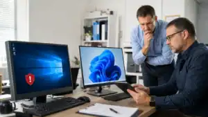 טכנאי מחשבים בודק מחשב עסקי עם Windows 10 והתראת אבטחה לצד מחשב עם Windows 11